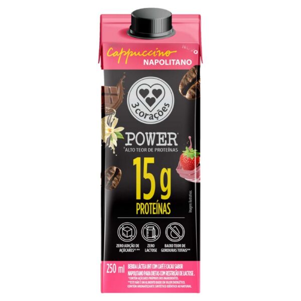 TRES Coracoes UHT 3 Corações Power Cappuccino Napolitano 15g Proteínas Zero Lactose 250ml
