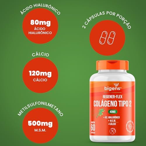 Bigens Regener Flex, Colágeno tipo 2 40mg, ácido hialurônico, M.S.M., Cálcio, 60 cápsulas