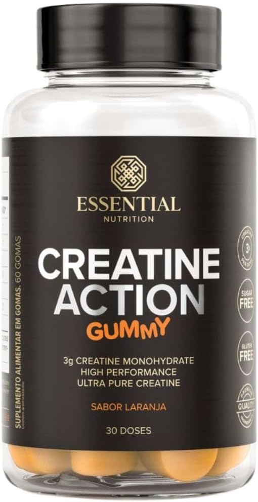 Essential Nutrition Creatina Action Gummy – 60 Gomas Sabor Laranja, Suplemento com