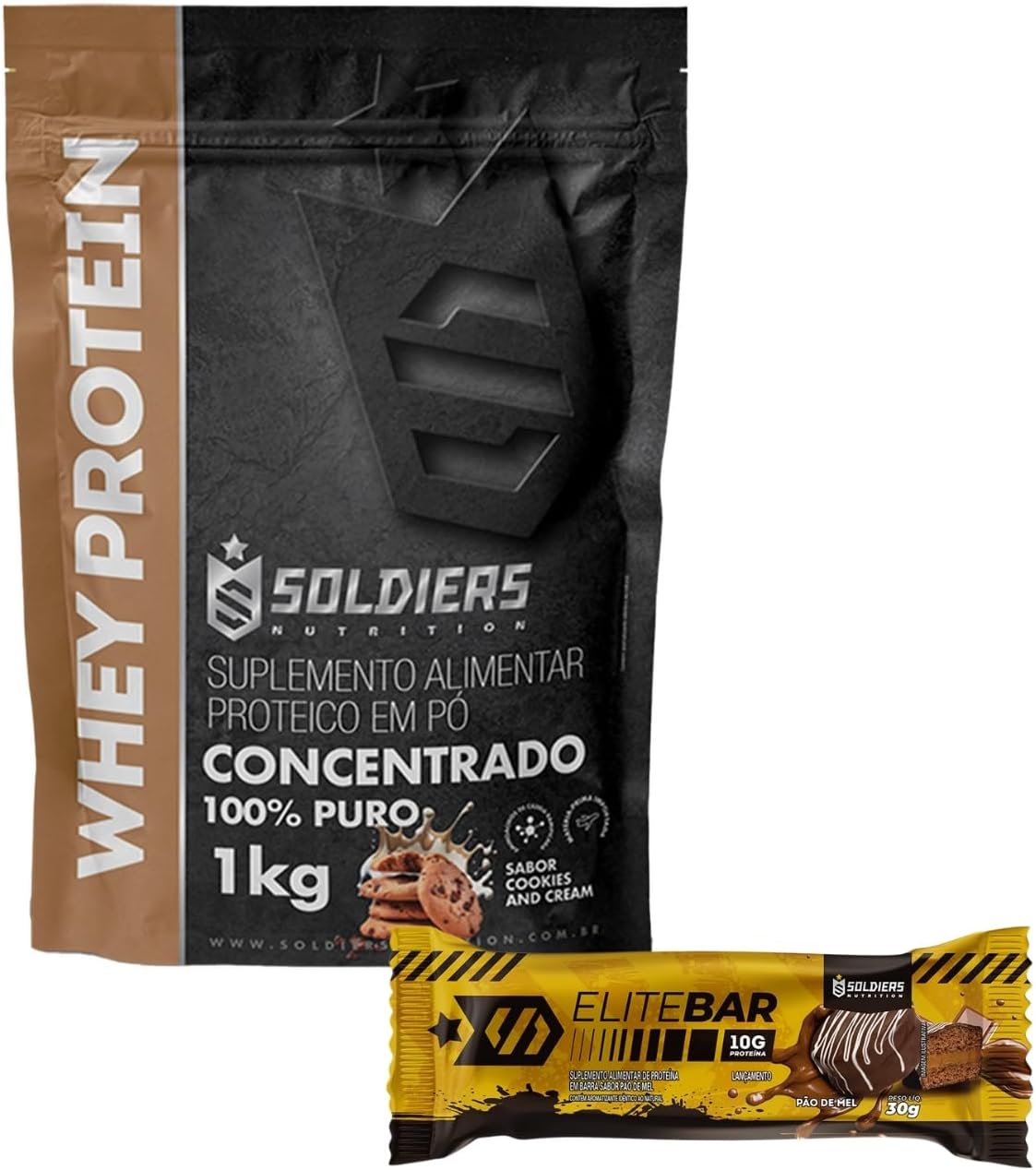Soldiers Nutrition Kit: Whey Protein 1Kg Cookies + Barrinha Elitebar