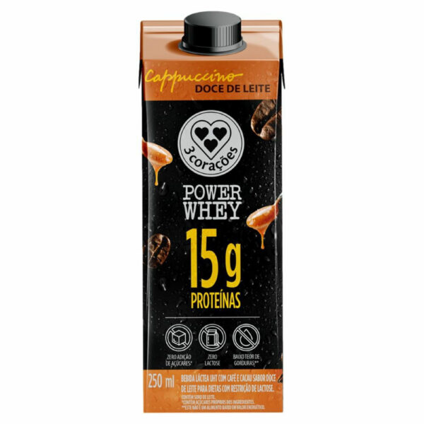 TRES Coracoes UHT 3 Corações Power Whey 15g Proteínas Cappuccino Doce de Leite Zero Lactose 250ml