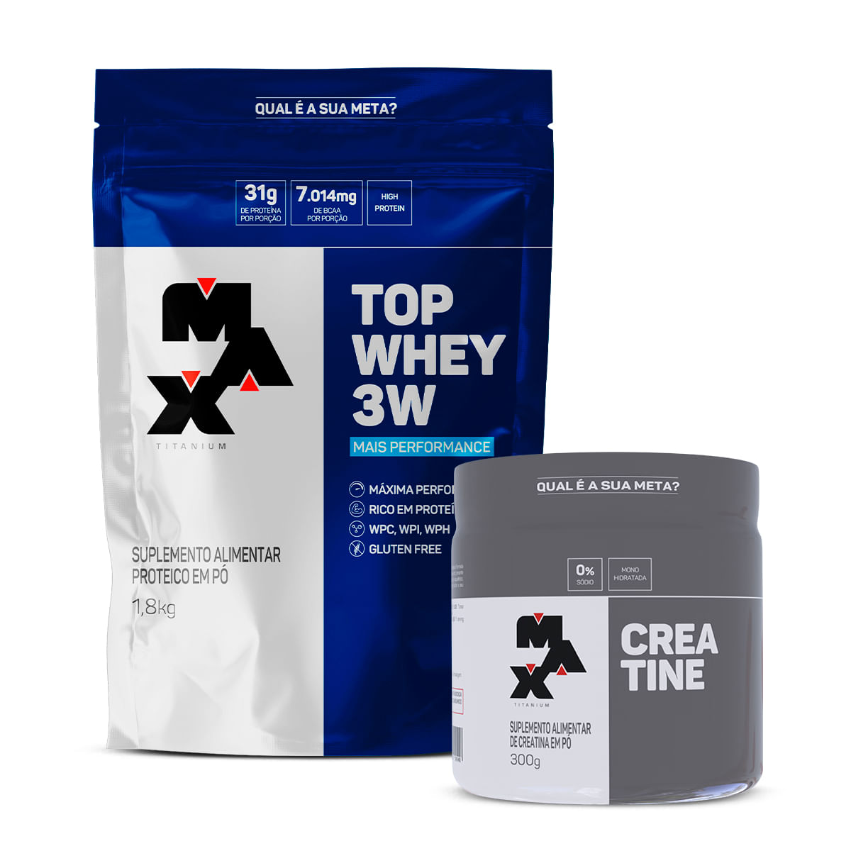 Max Titanium Kit Creatina 300g + Top Whey 3W Performance 1,8Kg