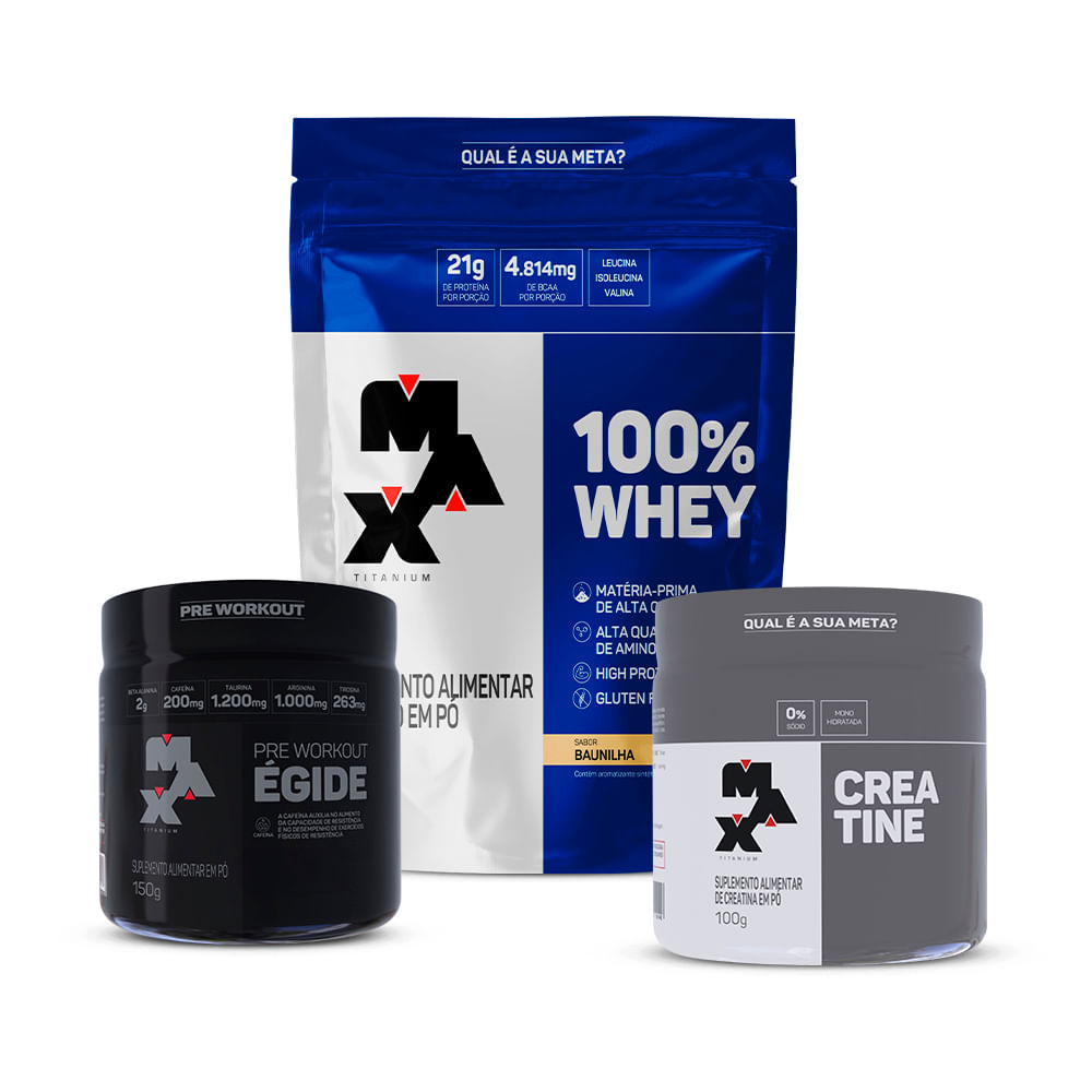 Max Titanium Kit Jon Vlogs Subathon: 100% Whey Refil + Creatina 100g + Pre treino Horus 150g
