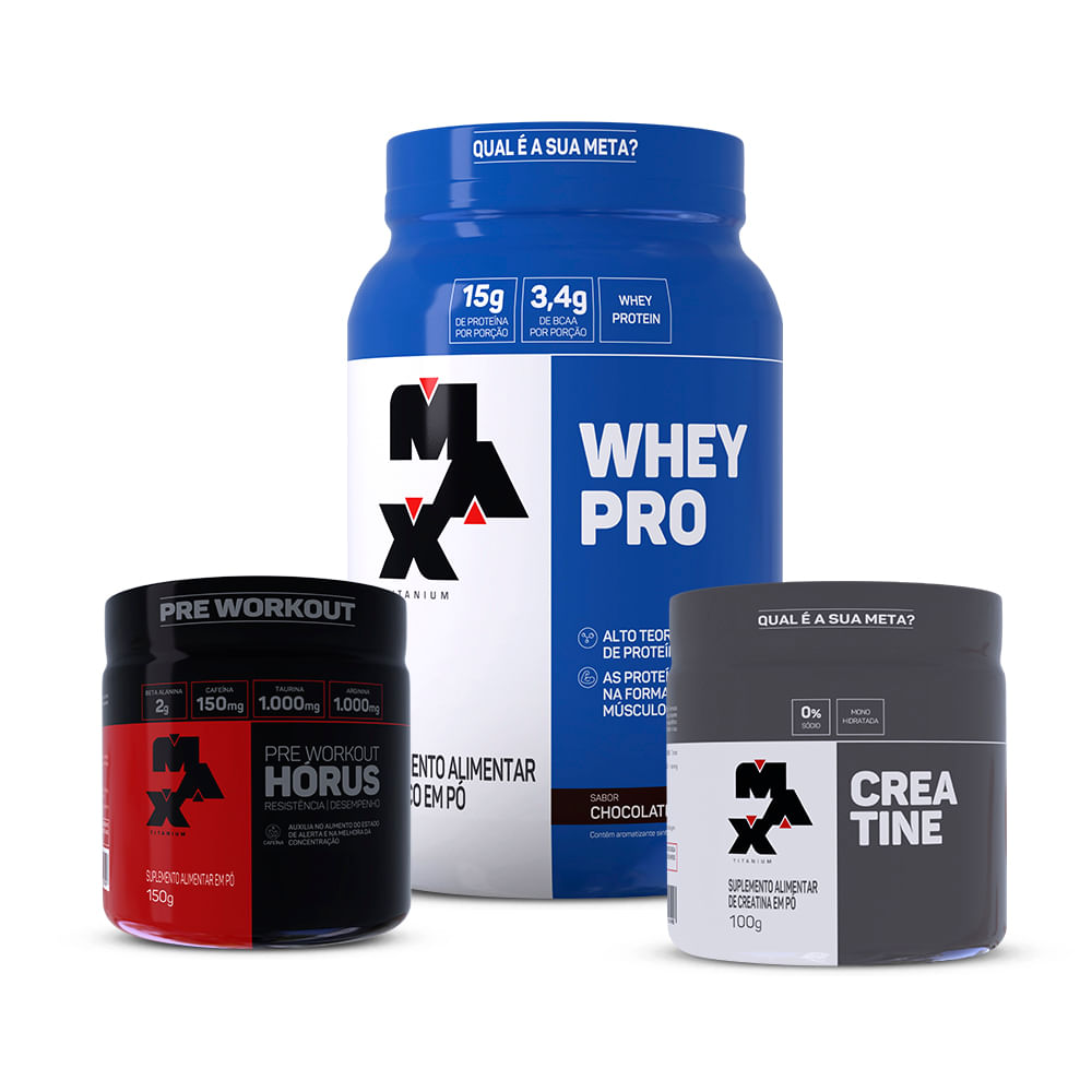 Max Titanium Kit Jon Vlogs Subathon 2: Whey Pro 1kg + Creatina 100g + Pre treino Horus 150g