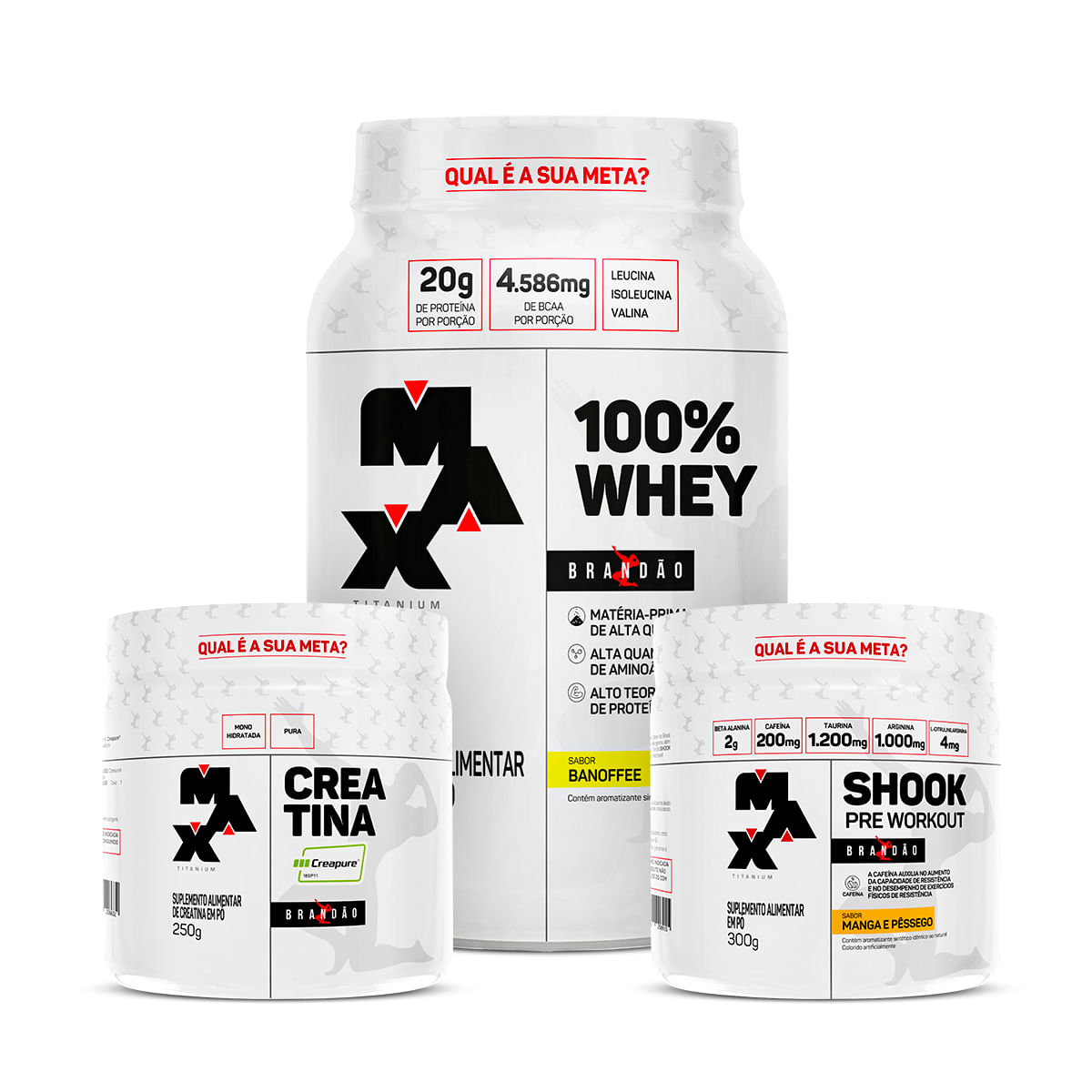Max Titanium Kit Brandao Open II - 100% Whey Pote 900g + Creatina Creapure 250g + Pre treino Shook