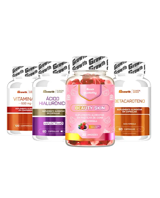 Kit Beauty Skin Gummy 30un, Ácido Hialurônico 60caps, Betacaroteno 60soft e Vitamina C 500mg 120comp