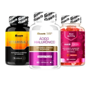 Kit Saúde da Pele: Ácido Hialurônico 60 caps + Hair Skin Gummy 30 un + Vitamina D 75 caps