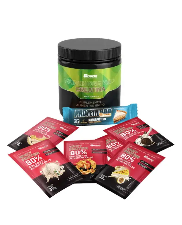Kit Sabores: Protein Bar 30g Display C/ 12 UN + Creatina Monohidratada 250Gr + Dose 30Gr Whey Protein Concentrado 80% – Chocolate C/ Amendoim + Banana + Caramelo + Mousse De Maracujá + Cookies + Baunilha